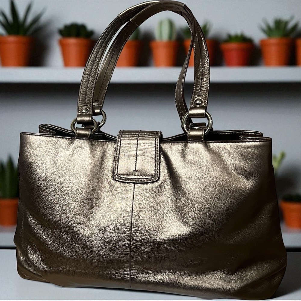 Coach Metallic Bronze Leather Buckle Shoulder Bag Satchel Handbag‎ Purse - Picture 2 of 10